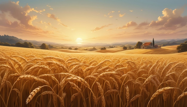 a wheat field with a sunset in the background