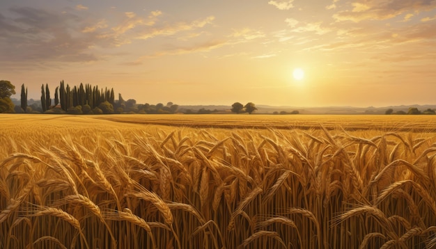 a wheat field with a sunset in the background