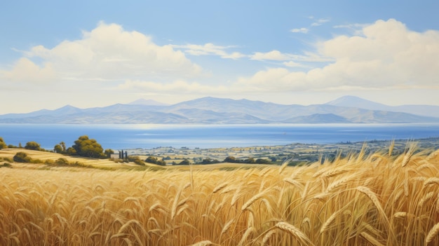 Wheat Fields On An Antique Greek Island Realistic Oil Painting