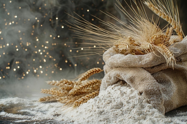 Photo wheat and flour closeup of spilled flour on table in easter concept with copyspace