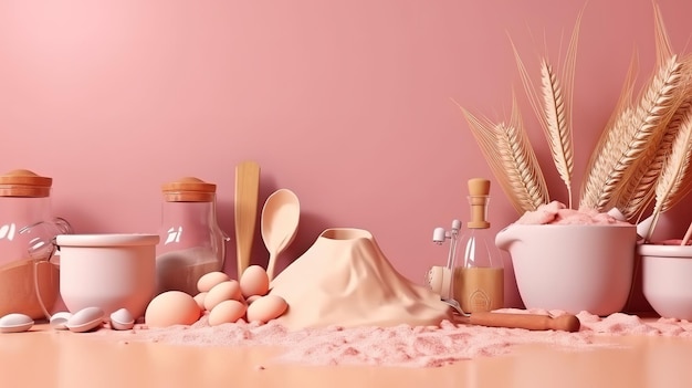 Wheat flour and kitchen items on a pink cooking table Generative Ai