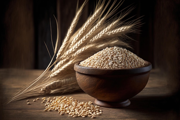 Wheat grains in a bowl and on wheat ears on a brown wooden background