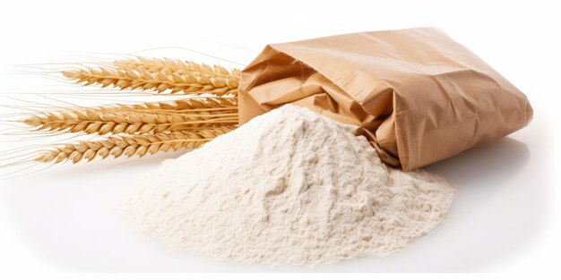 Photo wheat grains and flour spilling out of a brown paper bag