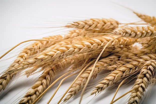 Wheat seeds grains and ears placed together top view flat isolated on a white background replicating space