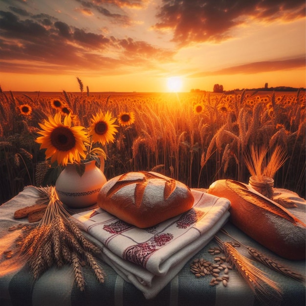 Wheat still life with bread sunset Ukraine