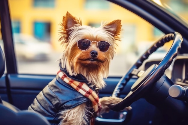 Behind the wheel a cute Yorkshire Terrier dog in sunglasses embarks on a car journey