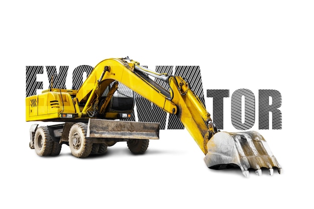 Wheel excavator isolated on white background Powerful excavator with an extended bucket closeup Element for design