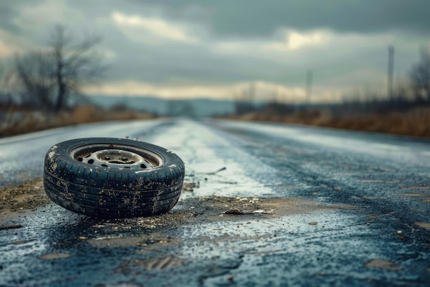 A wheel has fallen off a car and is rolling down an empty road Road repair work after a long winter