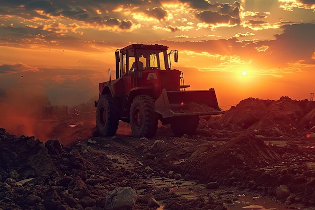 Wheel loader are digging the soil in construction site on sunset background