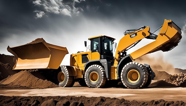 Wheel loader bulldozer with blade loading dumper trucks on construction site