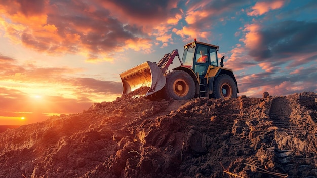 A wheel loader digs into the soil at sunset with a vibrant colorful sky in the background