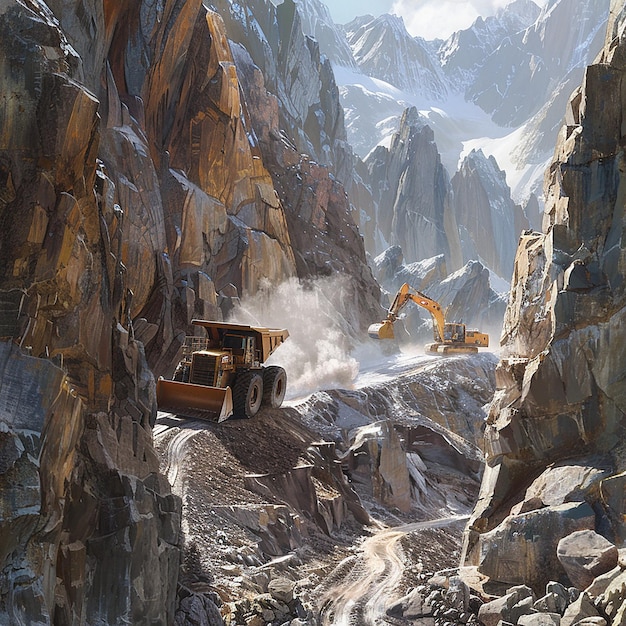 Photo wheel loader navigating rugged terrain in a mountain quarry