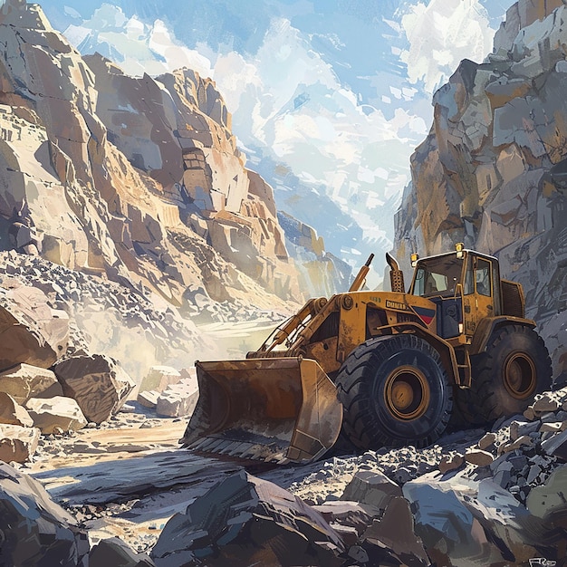 Photo wheel loader navigating rugged terrain in a mountain quarry