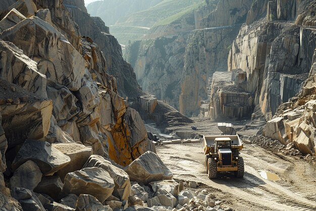 Wheel Loader Navigating Rugged Terrain in a Mountain Quarry