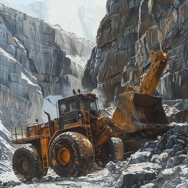 Photo wheel loader navigating rugged terrain in a mountain quarry