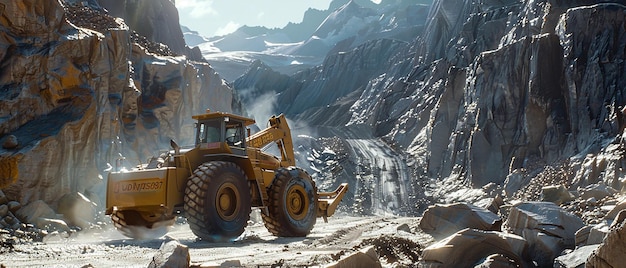 Photo wheel loader navigating rugged terrain in a mountain quarry