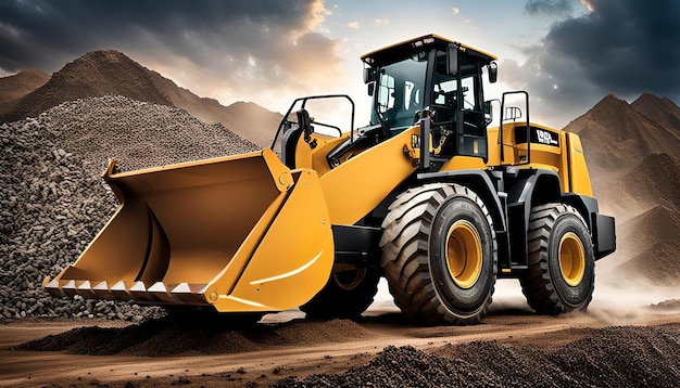 Wheel loader working on construction site and loading gravel on dumper trucks heavy duty