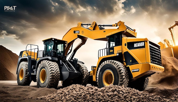 Wheel loader working on construction site and loading gravel on dumper trucks heavy duty