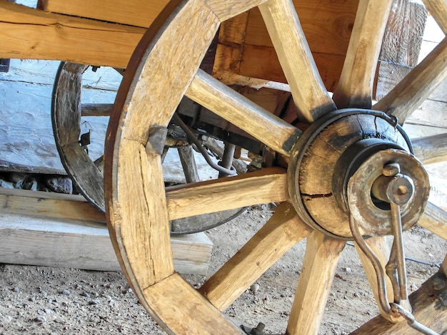 the wheel of an old cart closeup