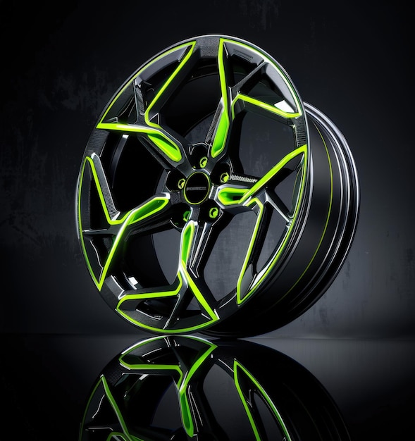 Photo a wheel with neon green stripes on a black surface