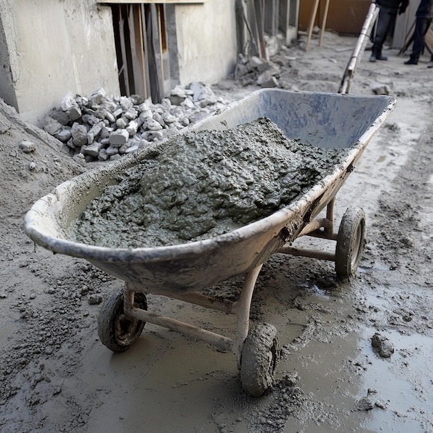 Photo a wheelbarrow filled with wet concrete being dumped into a form