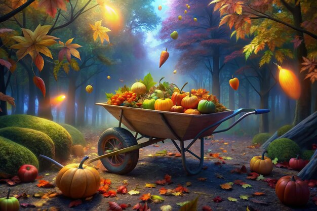 Photo a wheelbarrow full of autumn bounty in a magical forest