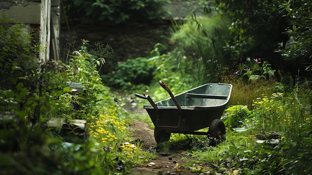 A wheelbarrow sits in a lush garden The wheelbarrow is green and made of metal The garden is full of green plants and flowers