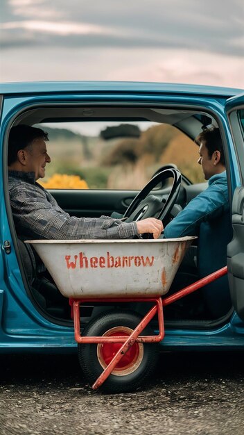 Photo wheelbarrow between two people in a car