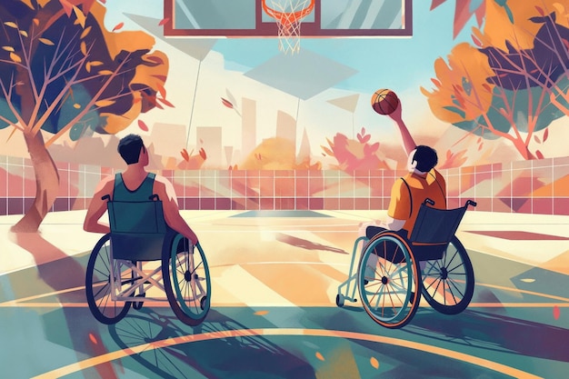 Wheelchair basketball players in action on outdoor court Men compete in sporty wheelchairs shoot