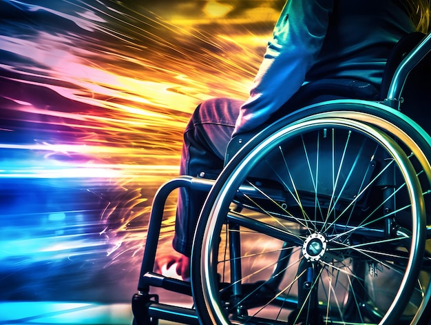 A wheelchair being expertly steered by a legless person with disabilities in closeup Generative AI