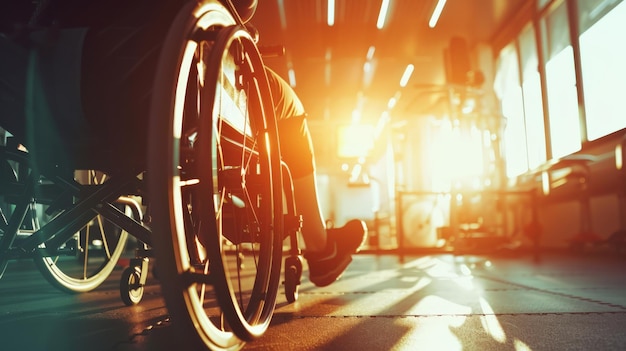 Photo wheelchair in gym setting with bright sunlight represents rehabilitation fitness and accessibility in active environments