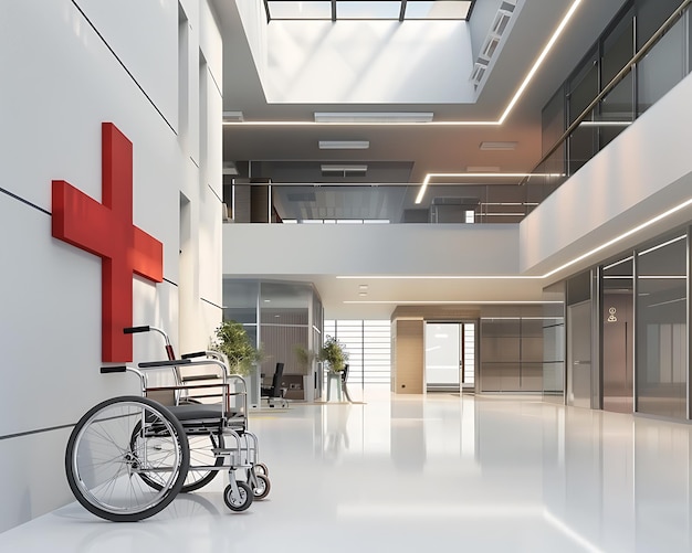 A wheelchair is parked in the hospital corridor