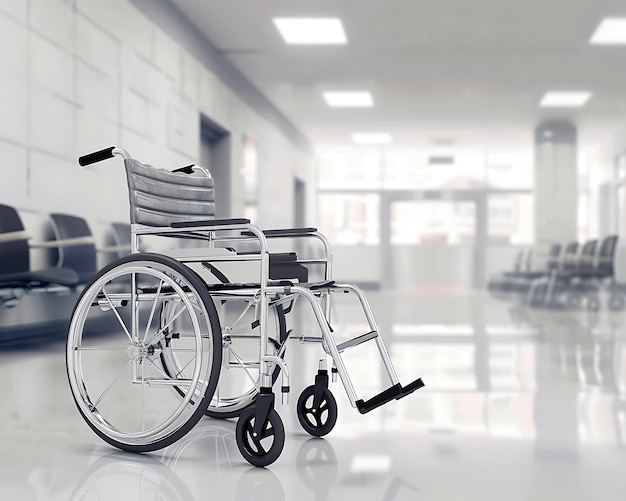 A wheelchair is parked in the hospital corridor