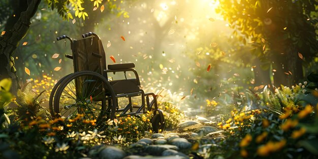 A wheelchair is parked on a path in a forest