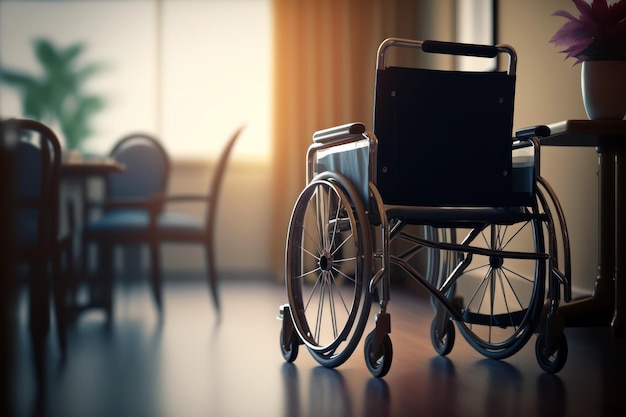 A wheelchair is in a room with a table and chairs.