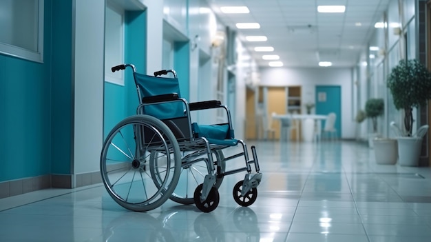 a wheelchair sits in a hallway with a blue wall behind it