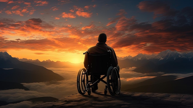 Wheelchair user enjoying sunset on scenic mountain silhouette concept