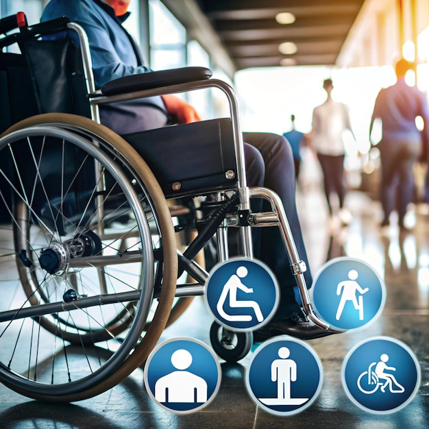 Wheelchair with toys sign of different disabilities on blue background