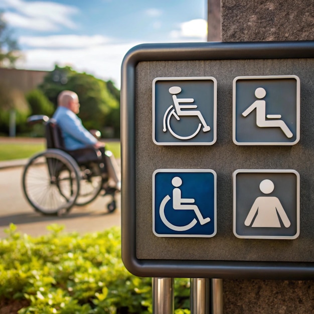 Wheelchair with toys sign of different disabilities on blue background