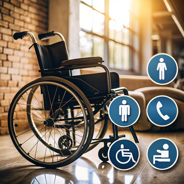 Wheelchair with toys sign of different disabilities on blue background