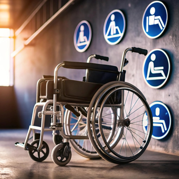 Wheelchair with toys sign of different disabilities on blue background