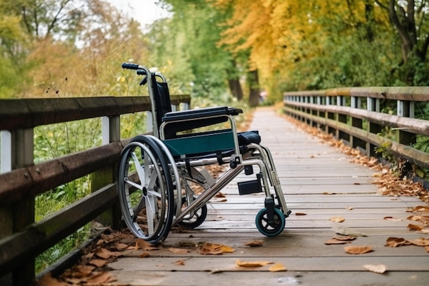 A wheelchair on a wooden bridge with a bridge in the background.