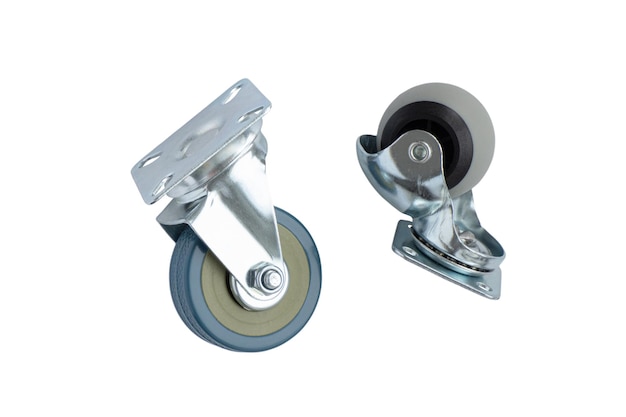 Wheels for furniture on a white background. Mounting device for a stand with replaceable rollers.