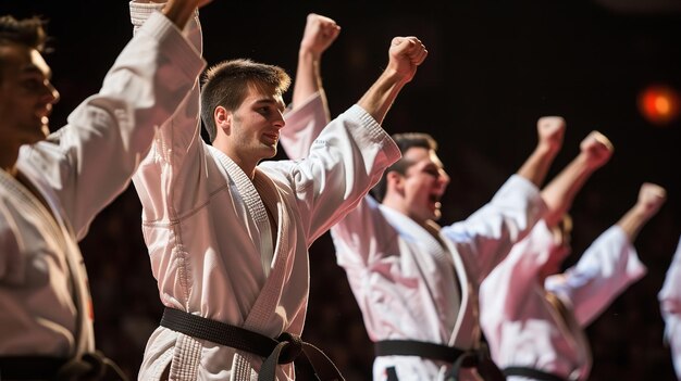 Photo when a karate competition is won competitors raise their hands while donning black belts and white uniforms generative ai