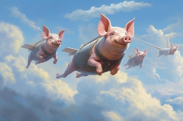 When pigs fly Playful piglets soaring through clouds Generative Ai