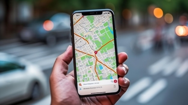 When travelling in a city a traveller uses a map app on their smartphone to find a place's route position using a gps on the street The Generative AI