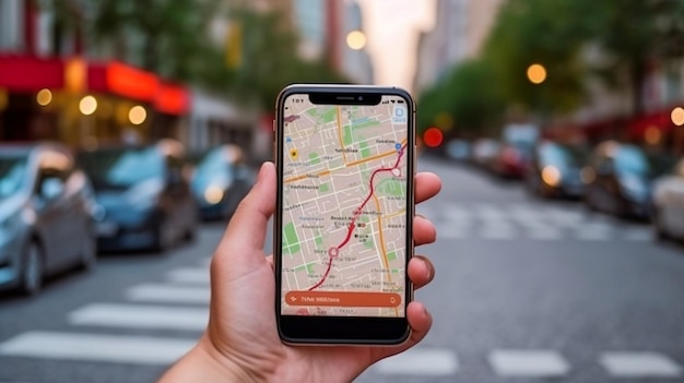 When travelling in a city a traveller uses a map app on their smartphone to find a place's route position using a gps on the street The Generative AI