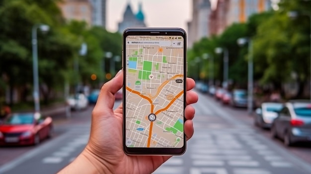 When travelling in a city a traveller uses a map app on their smartphone to find a place's route position using a gps on the street The Generative AI