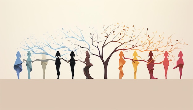 where each branch turns into the silhouette of a woman from a different profession