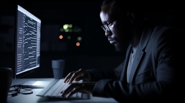 While an African businessman works on a tablet with a female colleague Generative AI a programmer types on a multiscreen computer in a dark office at night